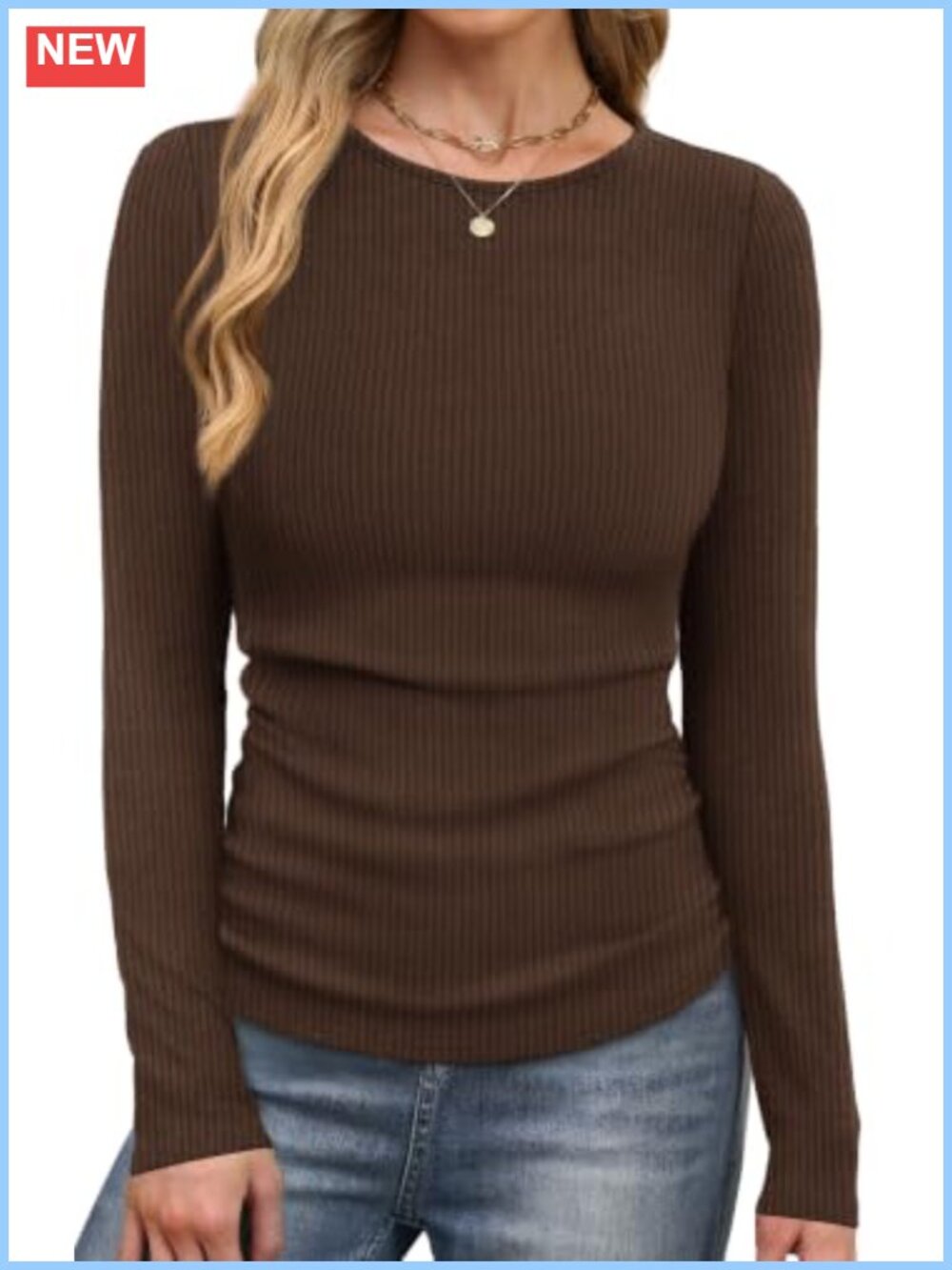 Long Sleeve Thermal Shirt Women Rib Knit Top